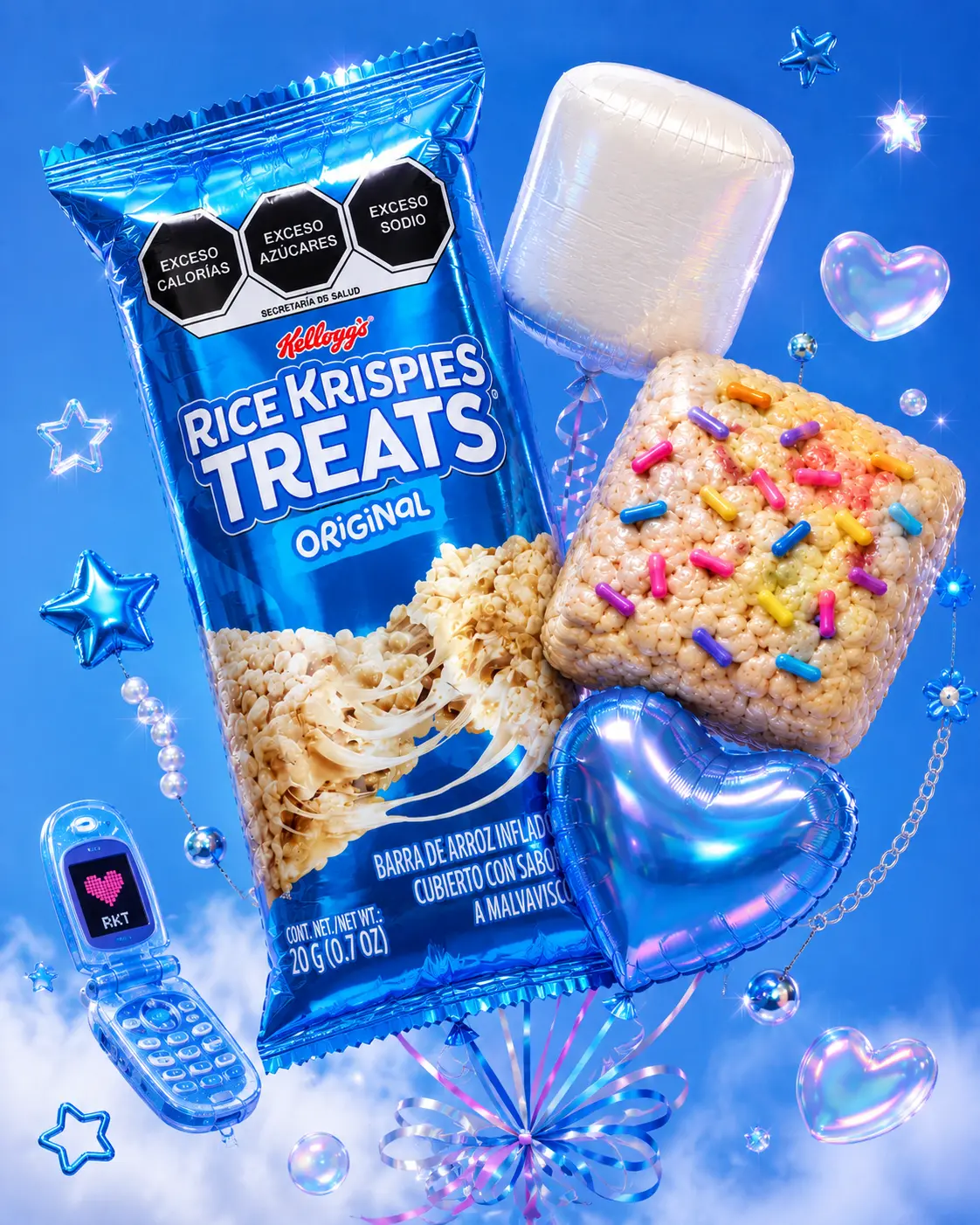 Rice Krispies Treats packshot with balloons and Y2K props
