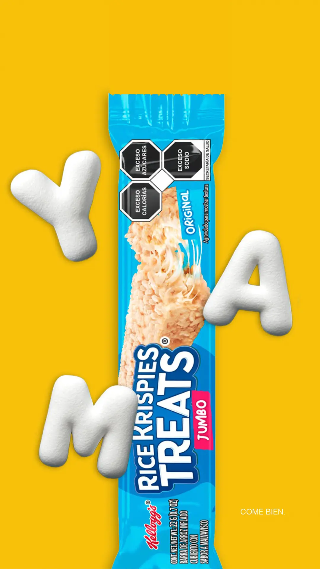 YAM marshmallow lettering story on yellow