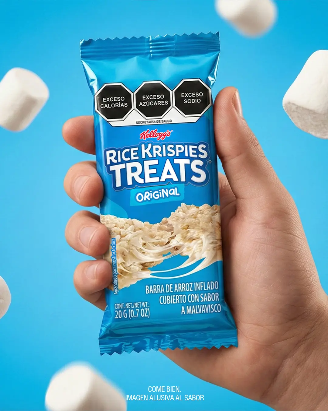 Hand holding Rice Krispies Treats bar packshot