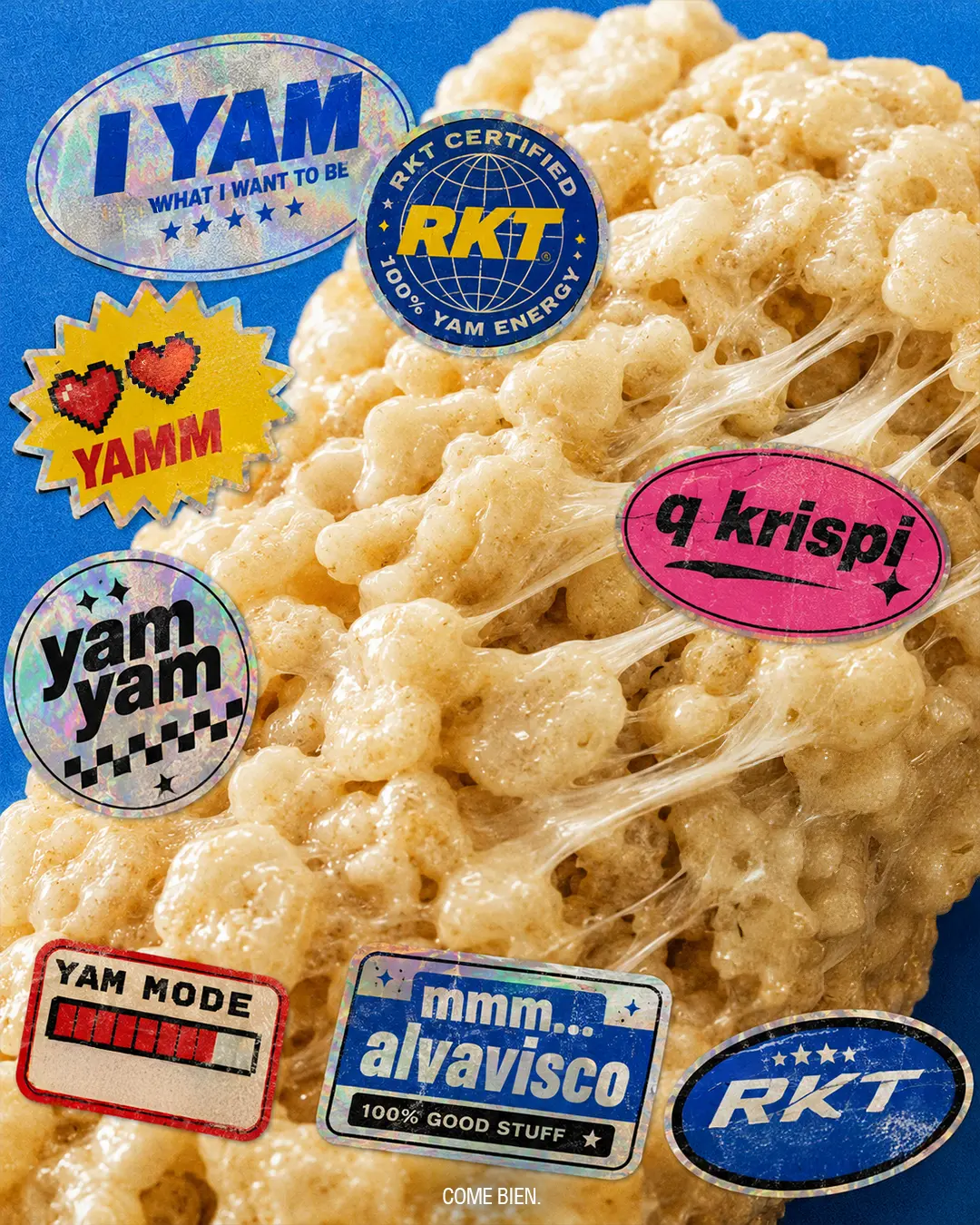 I YAM sticker pack over Rice Krispies Treats texture